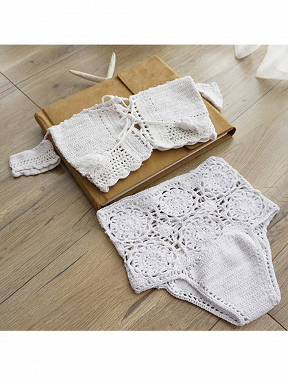 White Off Shoulder Lace Up Crochet Bikini Top And Bottom Choies