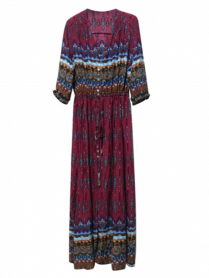 Burgundy Geo-Tribal Print Button Placket 3/4 Sleeve Maxi Dress | Choies
