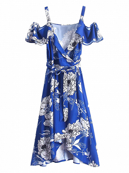 Blue V Front Cold Shoulder Ruffle Floral Print Cami Hi-lo Dress | Choies