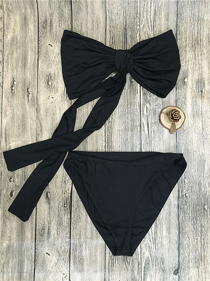 Schwarze Knoten Krawatte Bandeau Bikini Top Und Unten