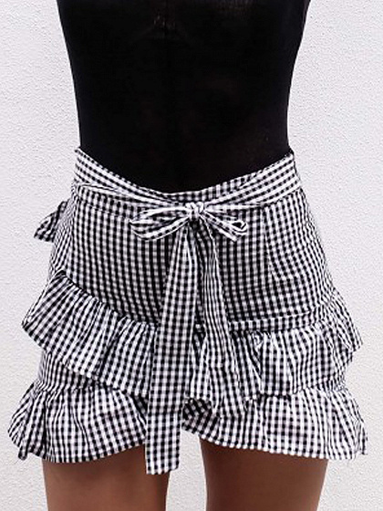 Monochrome Gingham Cross Ruffle Tie Waist Mini Skirt