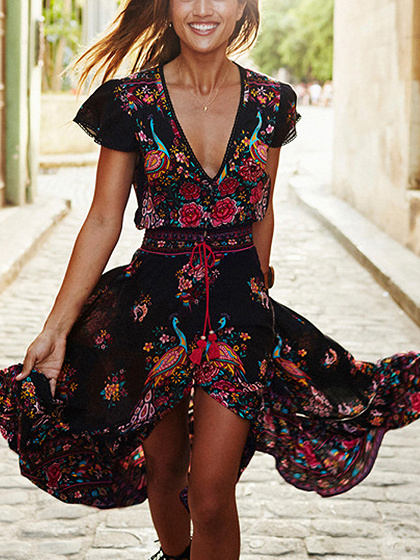 Multicolor V-neck Floral And Peacock Print Cap Sleeve Maxi Dress
