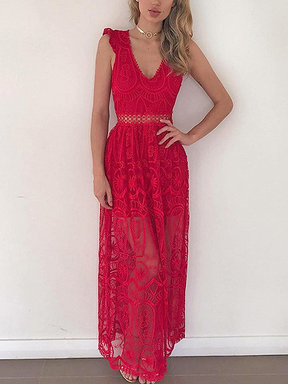 Red Plunge Sheer Lace Frill Open Back Sleeveless Maxi Dress | Choies