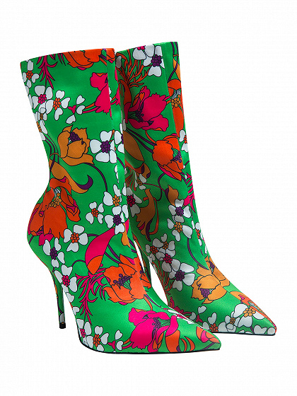 Green Floral Print Satin Look Pointed Heeled Boots