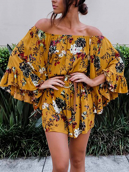 Yellow Off Shoulder Floral Print Ruffle Sleeve Romper Playsuit