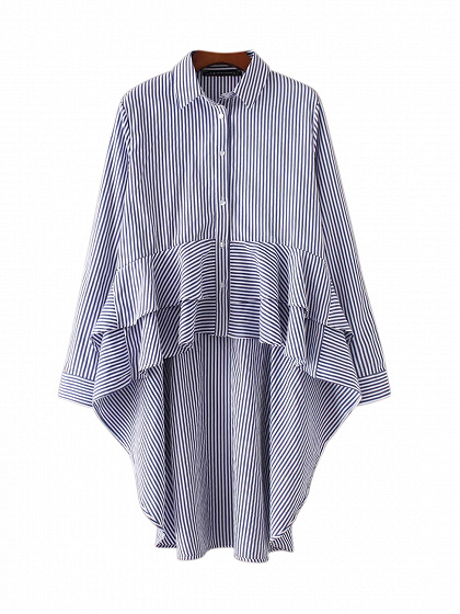 Blue Stripe Ruffle Dipped Hem Long Sleeve Shirt | Choies
