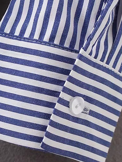 Blue Stripe Ruffle Dipped Hem Long Sleeve Shirt | Choies
