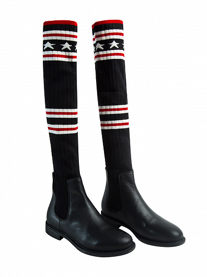 Black Knit Star Pattern Flat Over The Knee Boots | Choies