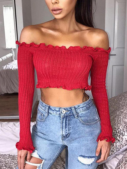 Red Off Shoulder Frill Trim Long Sleeve Ribbed Crop Top