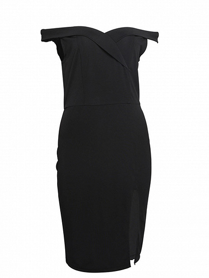 Black Off Shoulder Folded Split Dress | Choies