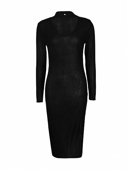 Black Choker Neck Plunge Long Sleeve Split Ribbed Dress | Choies