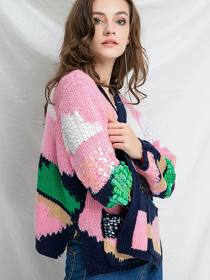 Pink Sequin Detail Open Front Long Sleeve Cardigan | Choies