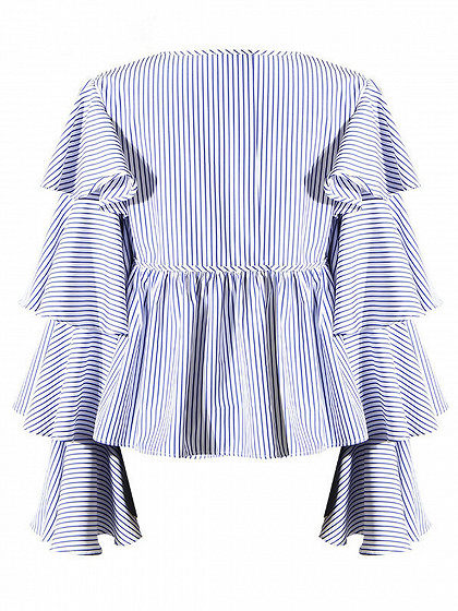 Blue Stripe Bow Tie Front Layered Flare Sleeve Shirt | Choies