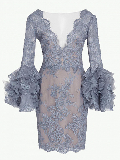 Gray Plunge Puff Sleeve Lace Mini Dress | Choies