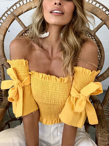 Yellow Off Shoulder Bow Tie Detail Crop Top Choies 9348