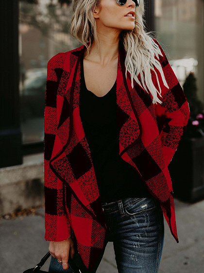 Red Plaid Lapel Open Front Long Sleeve Coat