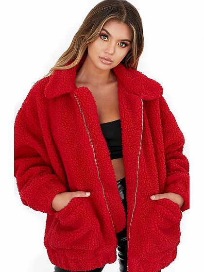 Red Long Sleeve Faux Fur Coat