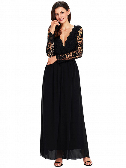Black Plunge Lace Panel Open Back Long Sleeve Maxi Dress