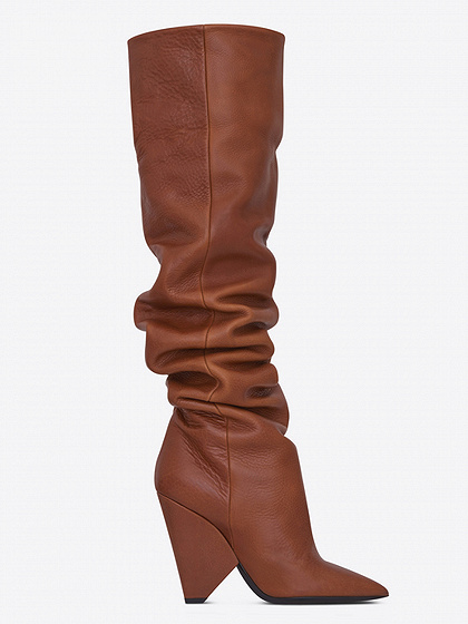 Brown Leather Pointed Heeled Over the Knee Boots