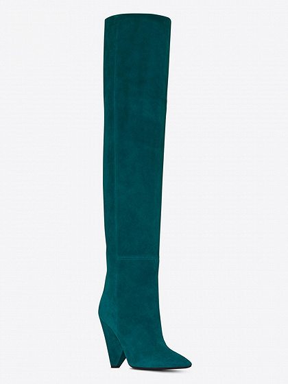 Green Leather Pointed Heeled Over the Knee Boots