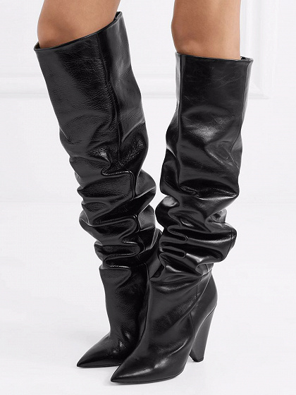 A choies Black Leather Pointed Heeled Over the Knee Boots