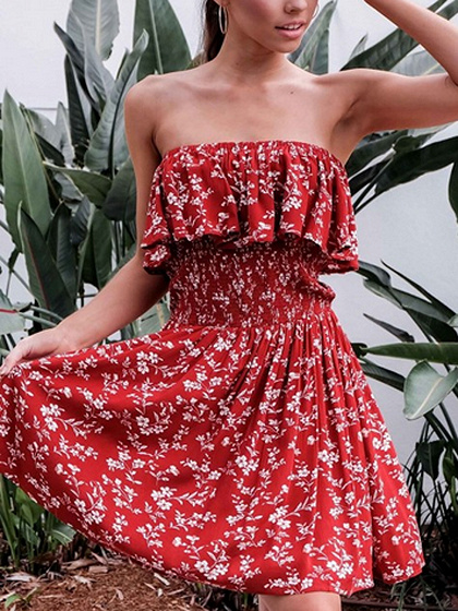 Red Off Shoulder Ruffle Trim Floral Print Dress