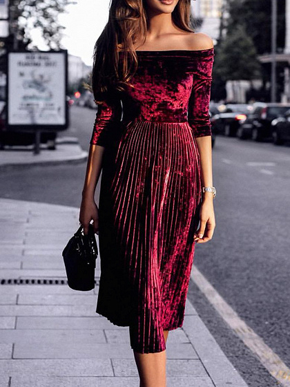 Burgundy Velvet Off Shoulder Pleated Midi Dress
