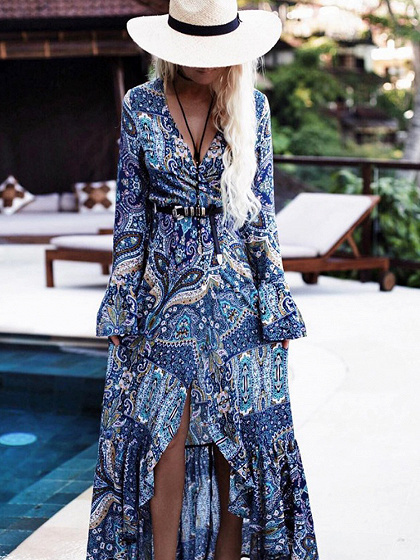 Blue Plunge Tie Waist Print Detail Thigh Split Maxi Dress | Choies