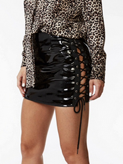 Black Lace Up Side Leather Look Mini Skirt