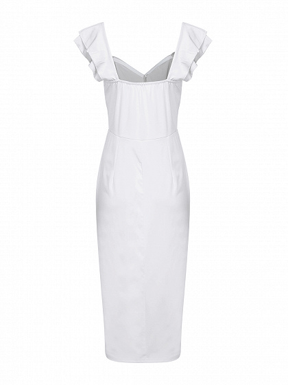 White Off Shoulder Split Detail Ruffle Trim Bodycon Midi Dress | Choies