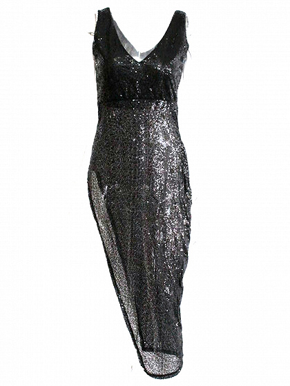Black Plunge Sequin Detail Thigh Split Side Dress | Choies