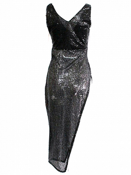 Black Plunge Sequin Detail Thigh Split Side Dress | Choies