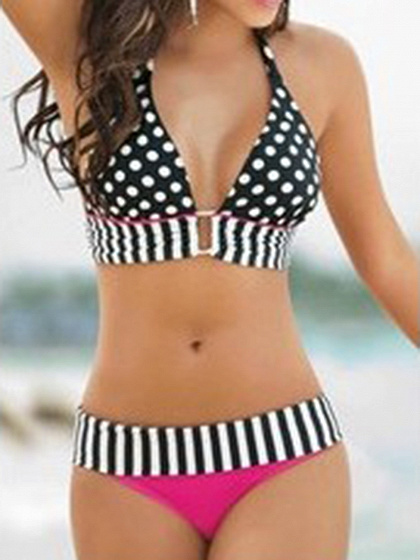 Black Contrast Stripe Polka Dot Bikini Top And Bottom