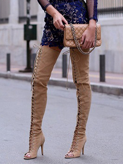 beige over the knee high heel boots