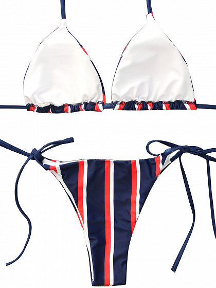Blue Contrast Stripe Halter Bikini Top And Bottom | Choies
