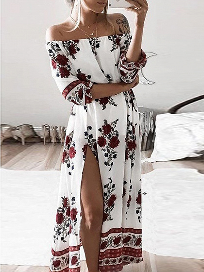 White Off Shoulder Floral Print Thigh Split Maxi Dress