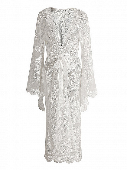 White Tie Waist Open Front Flare Sleeve Lace Kimono | Choies