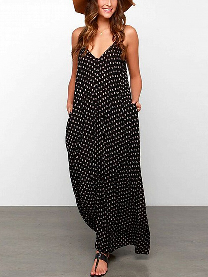 Black Spaghetti Strap V-neck Polka Dot Detail Maxi Dress | Choies