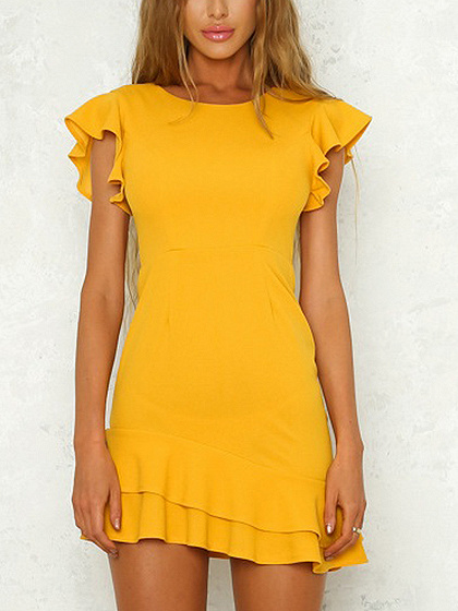 Yellow Open Back Ruffle Sleeve Mini Dress Choies
