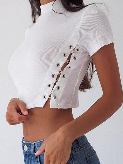 White Ribbed High Neck Eyelet Lace Up Side Crop Top
