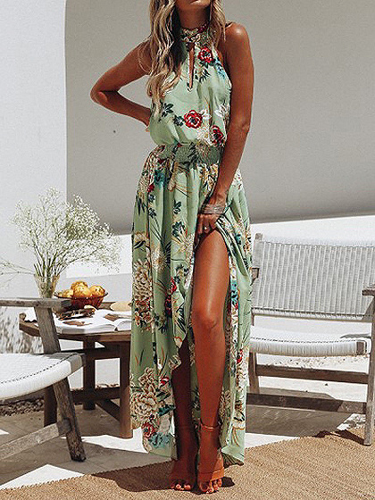 Green High Neck Floral Print Thigh Split Front Hi-Lo Maxi Dress | Choies