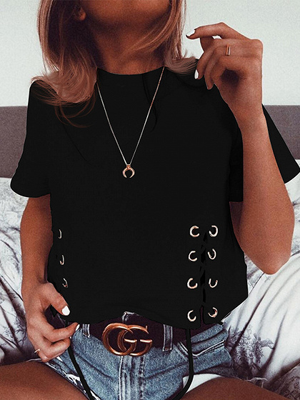Black Eyelet Lace Up Front Cropped T-shirt | Choies