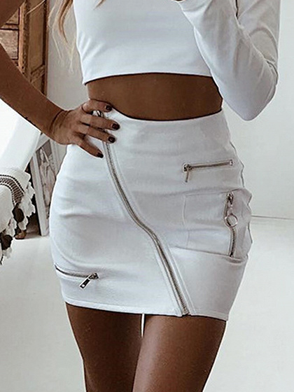 White Leather Look Circle Zip Front High Waist Chic Women Pencil Skirt