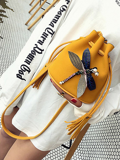 Yellow 3D Dragonfly Drawstring Design Chic Women Bucket Bag