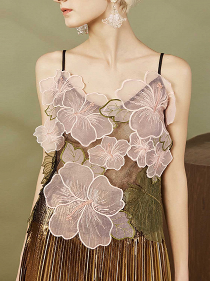 Dark Green V-neck 3D Flower Embellished Chic Women Lace Crop Cami Top