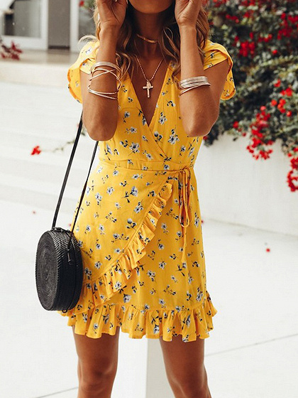 Yellow Cotton Blend V-neck Floral Print Chic Women Mini Dress