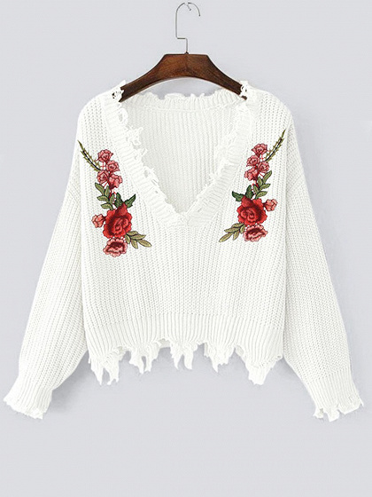 White V-neck Floral Embroidery Long Sleeve Chic Women Knit Sweater | Choies