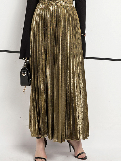 Golden Cotton Blend High Waist Pleated Detail Maxi Skirt