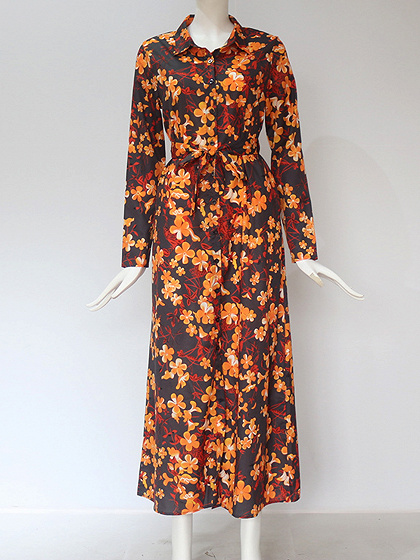 Polychrome Chiffon Floral Print Tie Waist Long Sleeve Maxi Dress | Choies