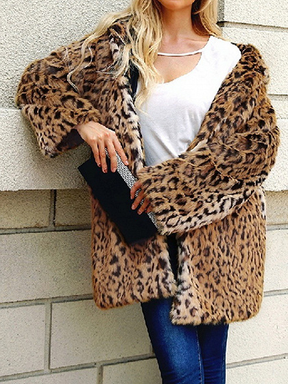 Brown Leopard Print Long Sleeve Women Faux Fur Hooded Coat
